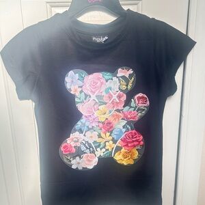 Popatu Black Floral Teddy Bear Kids T-Shirt